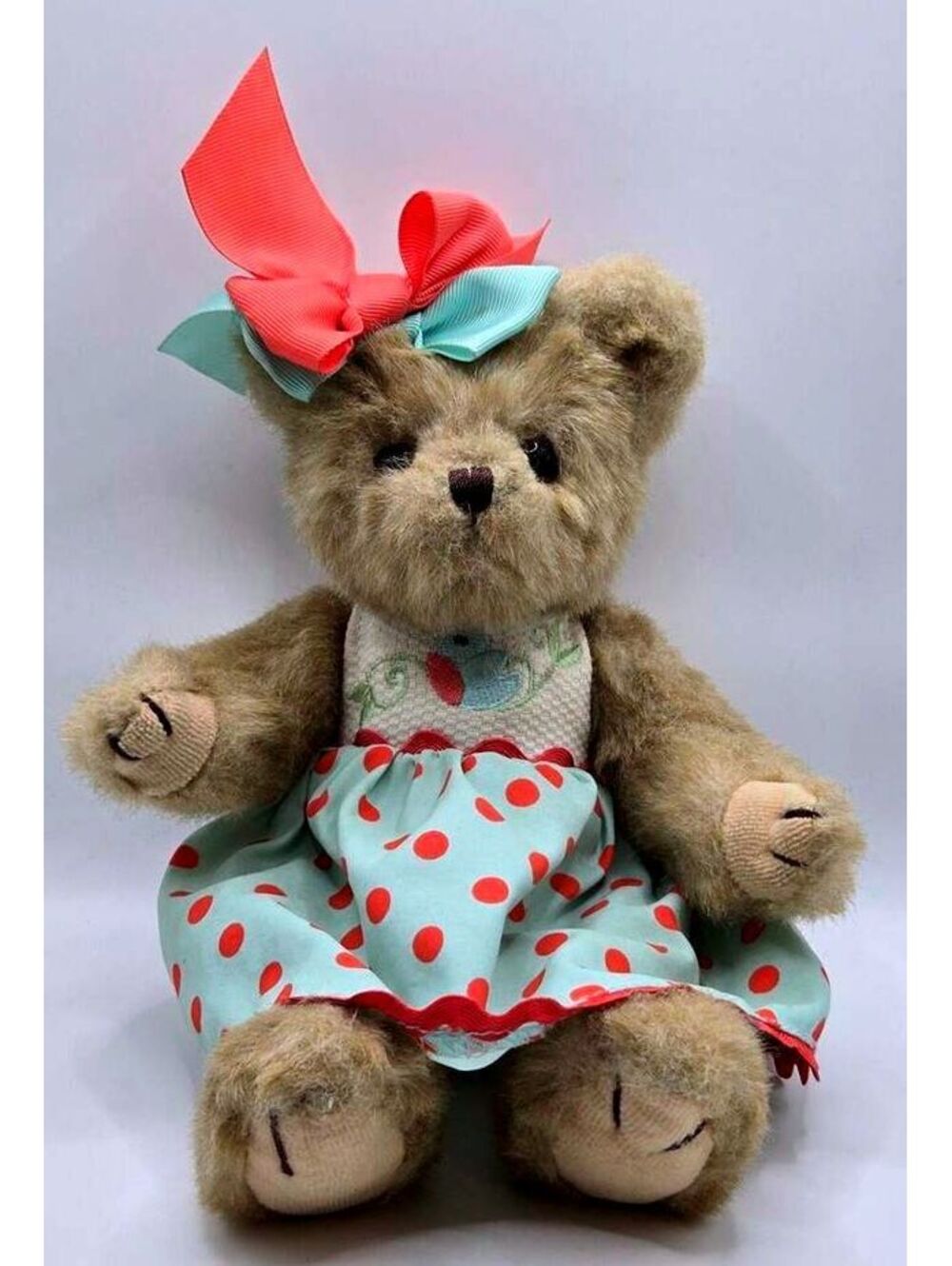 The Bearington Collection “Peachy” bear Plush W Rose Bow Pink & Blue Dress